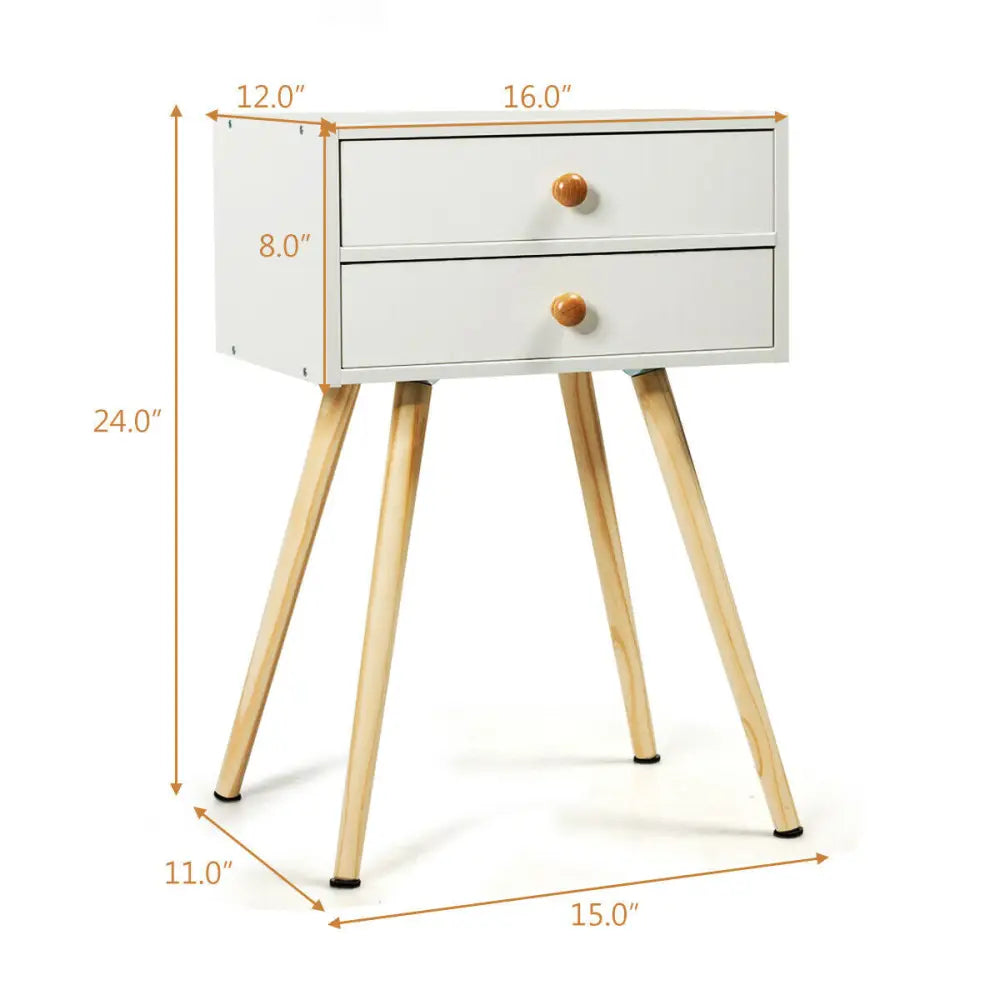Mid Century Modern 2 Drawers Nightstand in Natural-White - White - Nightstands