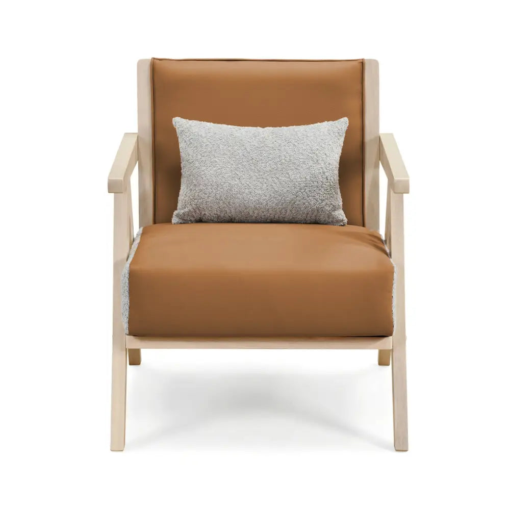 Mid-Century Modern Accent Chair Artificial Leather Sofa Chair with Rubber Wood Frame-Brown - Brown - Accent Chairs