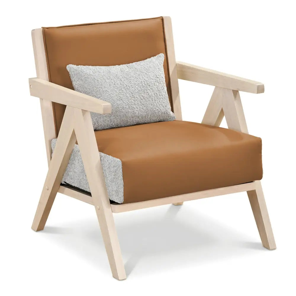 Mid-Century Modern Accent Chair Artificial Leather Sofa Chair with Rubber Wood Frame-Brown - Brown - Accent Chairs