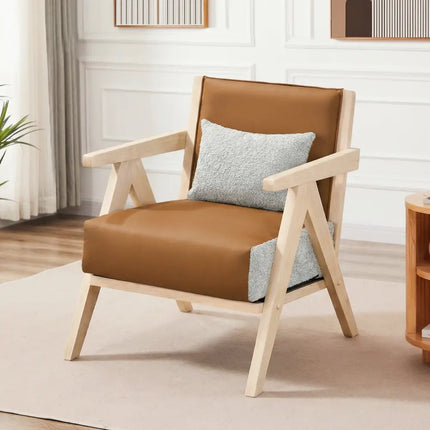 Mid-Century Modern Accent Chair Artificial Leather Sofa Chair with Rubber Wood Frame-Brown - Brown - Accent Chairs
