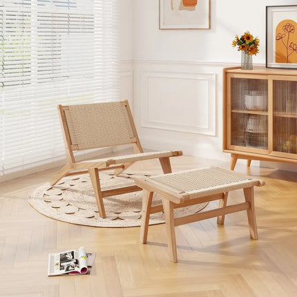 Mid Century Modern Accent Chair Farmhouse Braided Rope Chair with Ottoman - Patio Dining Chairs