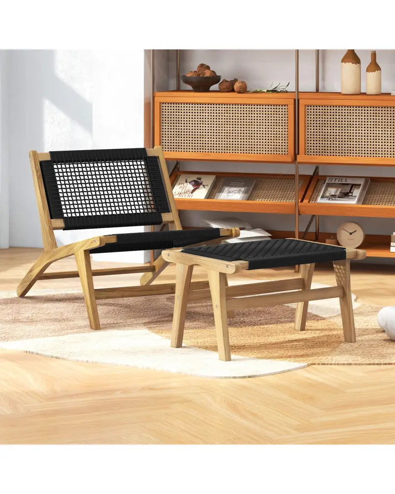 Mid Century Modern Accent Chair Farmhouse Handwoven Cordage with Ottoman - Patio Dining Chairs