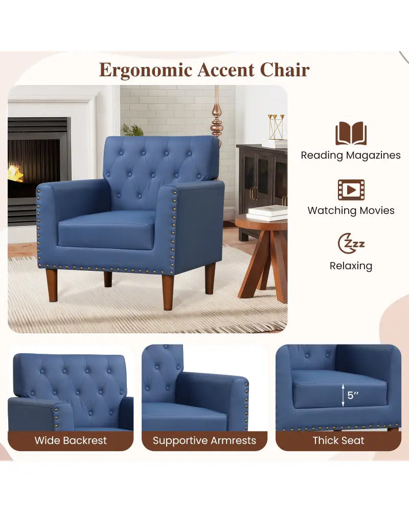 Mid Century Modern Accent Chair with Button Tufted Decoration and Rivets-Blue - Blue - Accent Chairs