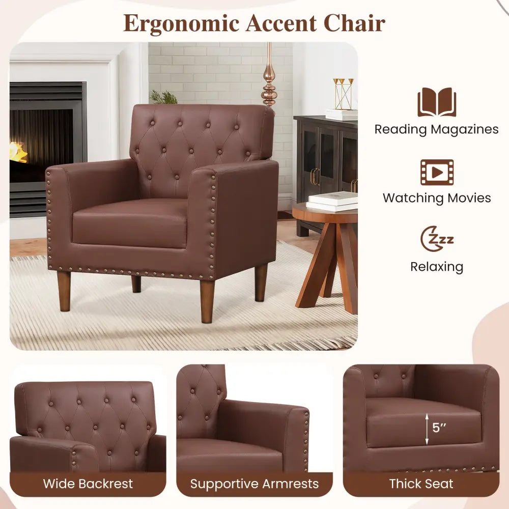 Mid Century Modern Accent Chair with Button Tufted Decoration and Rivets-Brown - Brown - Accent Chairs
