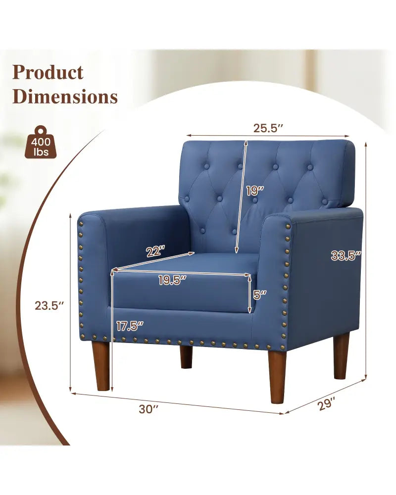 Mid Century Modern Accent Chair with Button Tufted Decoration and Rivets-Blue - Blue - Accent Chairs