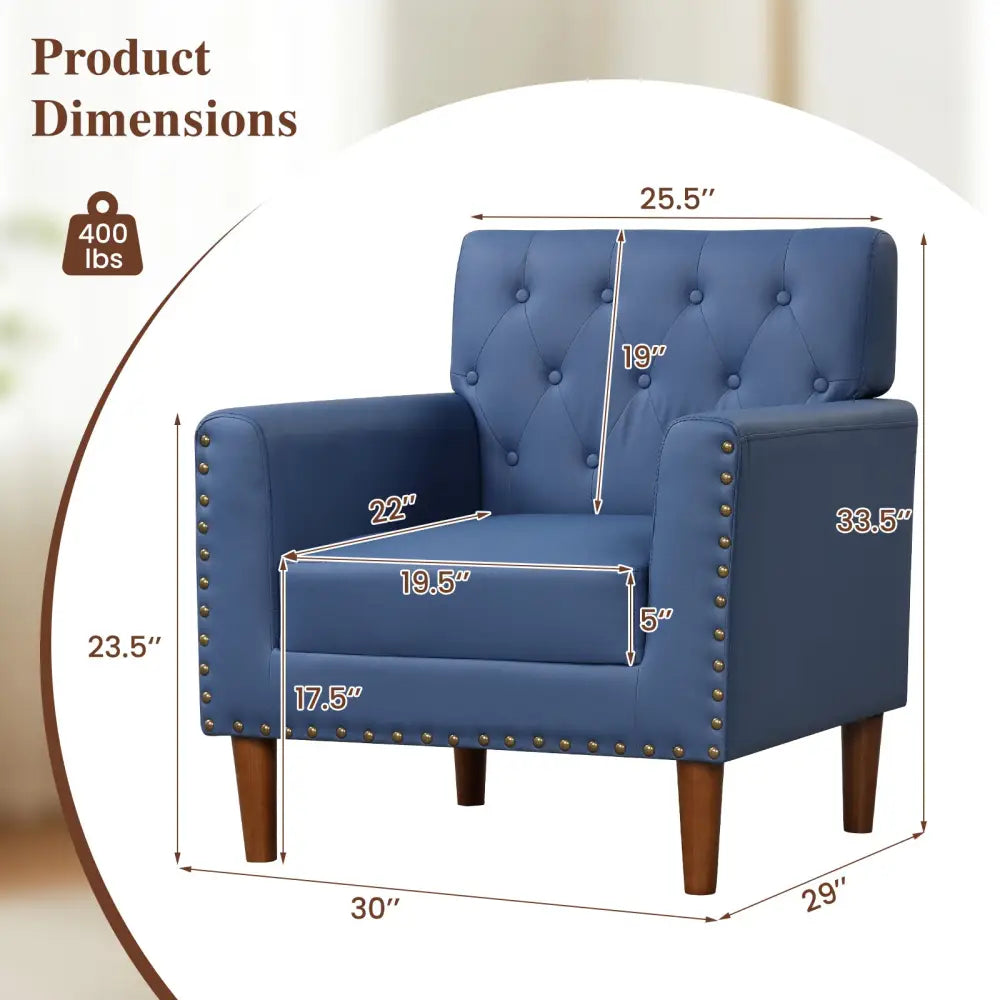 Mid Century Modern Accent Chair with Button Tufted Decoration and Rivets-Blue - Blue - Accent Chairs