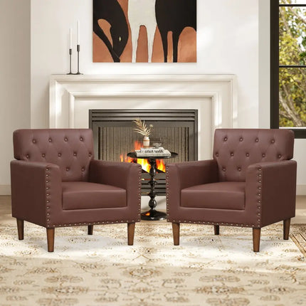 Mid Century Modern Accent Chair with Button Tufted Decoration and Rivets-Brown - Brown - Accent Chairs