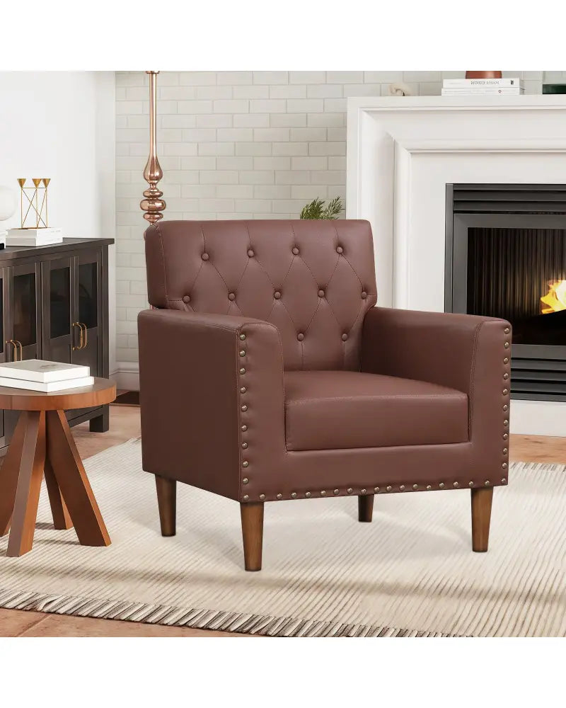 Mid Century Modern Accent Chair with Button Tufted Decoration and Rivets-Brown - Brown - Accent Chairs