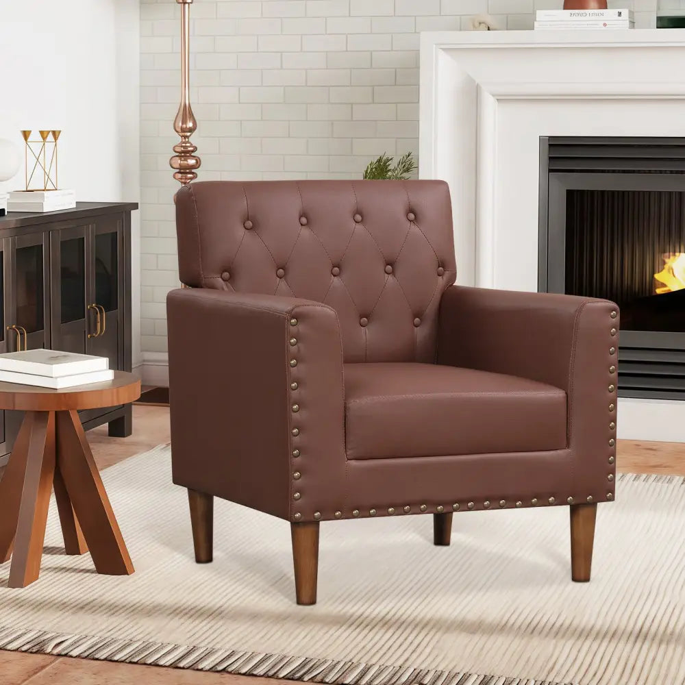 Mid Century Modern Accent Chair with Button Tufted Decoration and Rivets-Brown - Brown - Accent Chairs