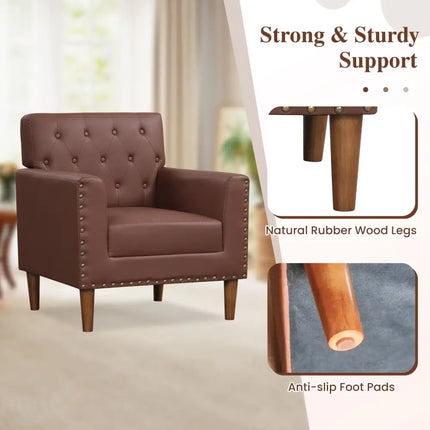 Mid Century Modern Accent Chair with Button Tufted Decoration and Rivets-Brown - Brown - Accent Chairs