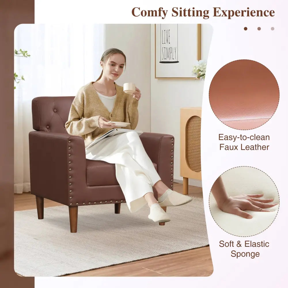 Mid Century Modern Accent Chair with Button Tufted Decoration and Rivets-Brown - Brown - Accent Chairs