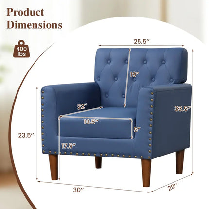 Mid Century Modern Accent Chair with Button Tufted Decoration and Rivets-Blue - Blue - Accent Chairs