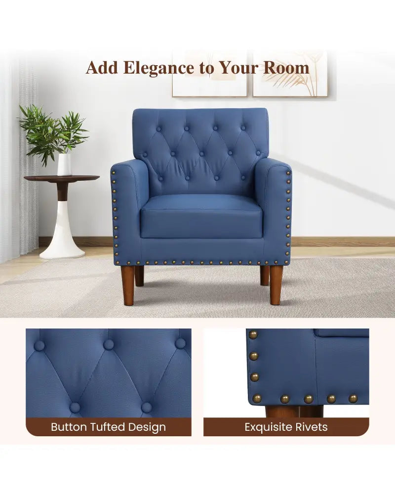 Mid Century Modern Accent Chair with Button Tufted Decoration and Rivets-Blue - Blue - Accent Chairs