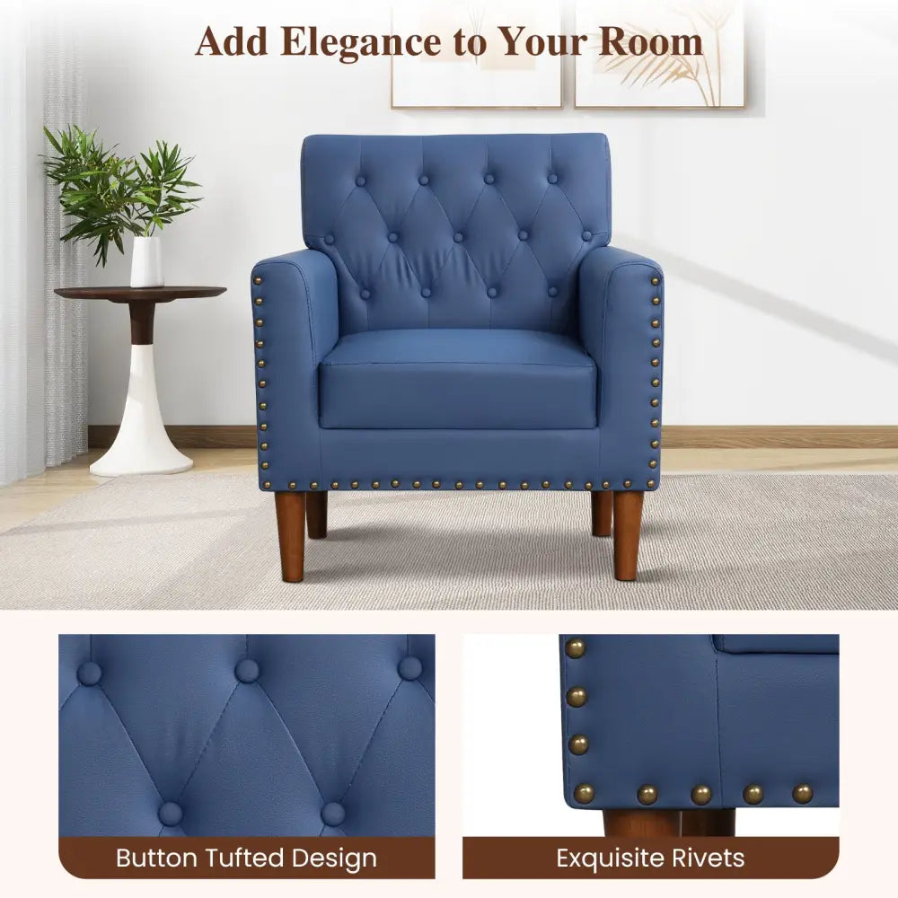 Mid Century Modern Accent Chair with Button Tufted Decoration and Rivets-Blue - Blue - Accent Chairs