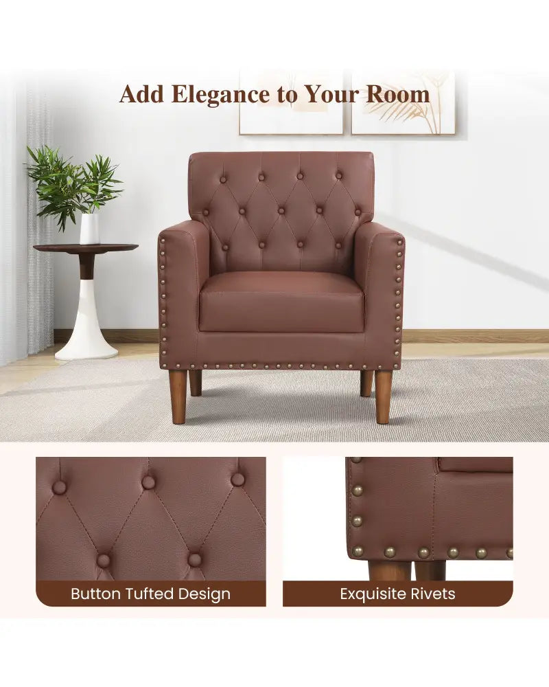 Mid Century Modern Accent Chair with Button Tufted Decoration and Rivets-Brown - Brown - Accent Chairs