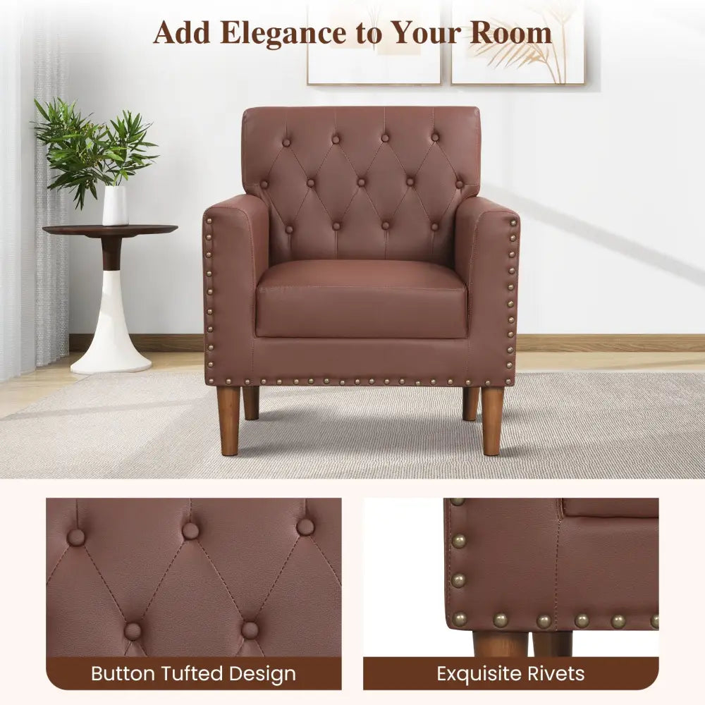 Mid Century Modern Accent Chair with Button Tufted Decoration and Rivets-Brown - Brown - Accent Chairs