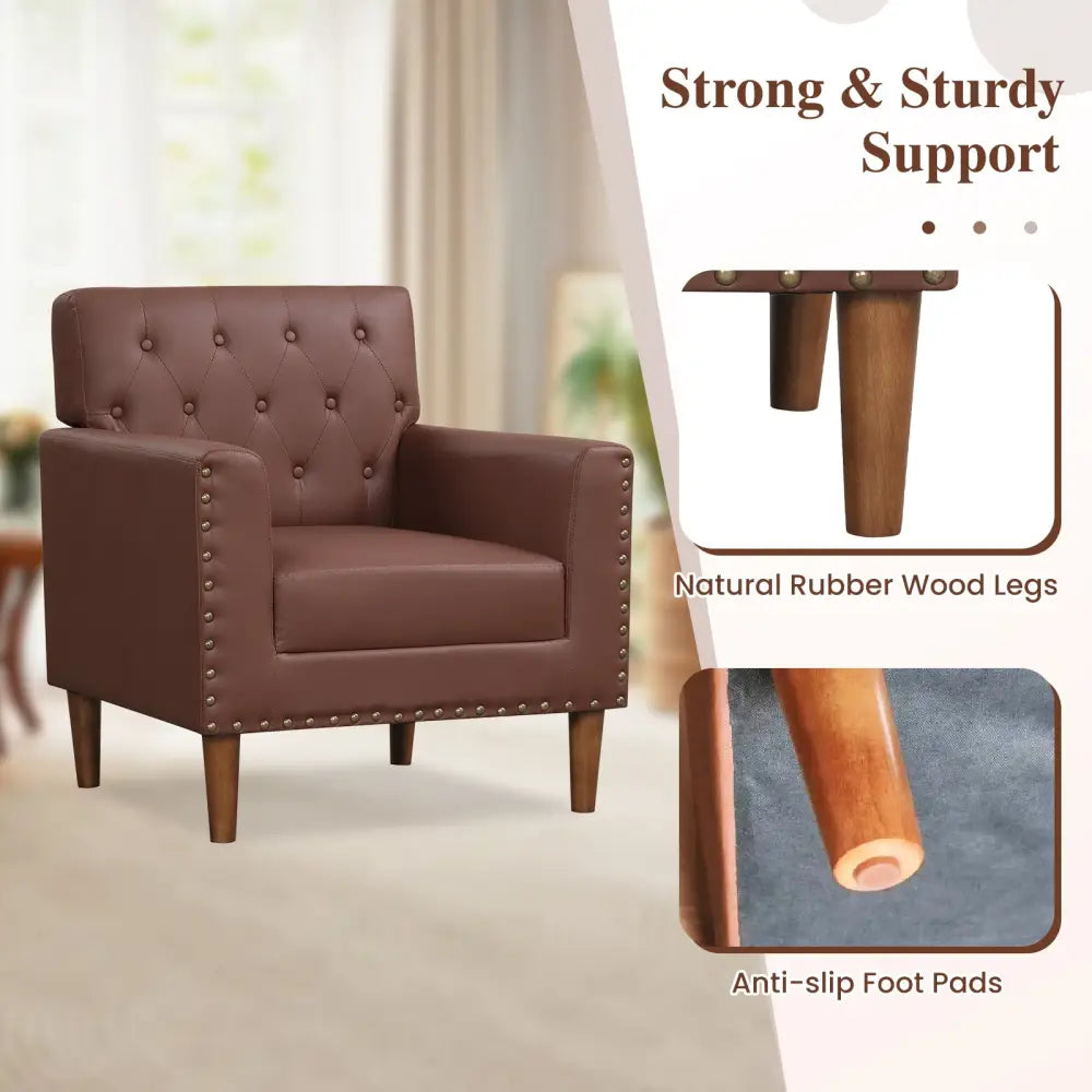 Mid Century Modern Accent Chair with Button Tufted Decoration and Rivets-Brown - Brown - Accent Chairs