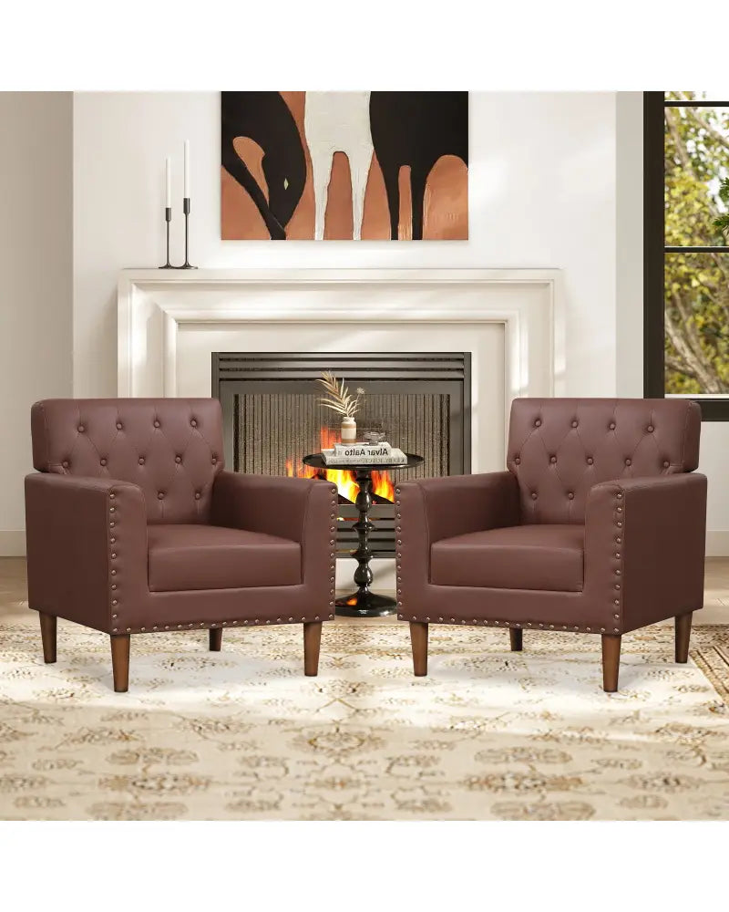 Mid Century Modern Accent Chair with Button Tufted Decoration and Rivets-Brown - Brown - Accent Chairs