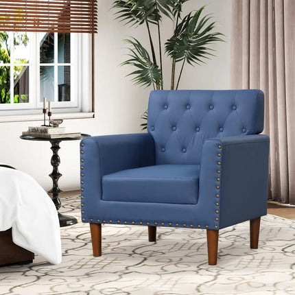 Mid Century Modern Accent Chair with Button Tufted Decoration and Rivets-Blue - Blue - Accent Chairs