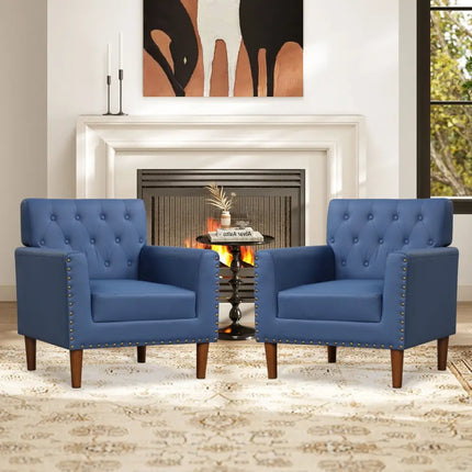 Mid Century Modern Accent Chair with Button Tufted Decoration and Rivets-Blue - Blue - Accent Chairs