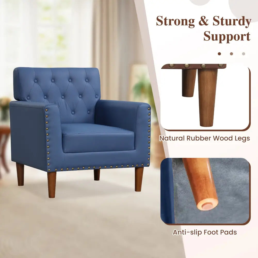 Mid Century Modern Accent Chair with Button Tufted Decoration and Rivets-Blue - Blue - Accent Chairs