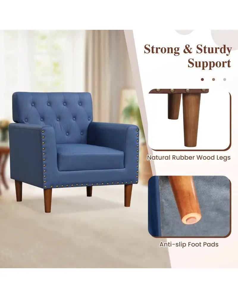 Mid Century Modern Accent Chair with Button Tufted Decoration and Rivets-Blue - Blue - Accent Chairs