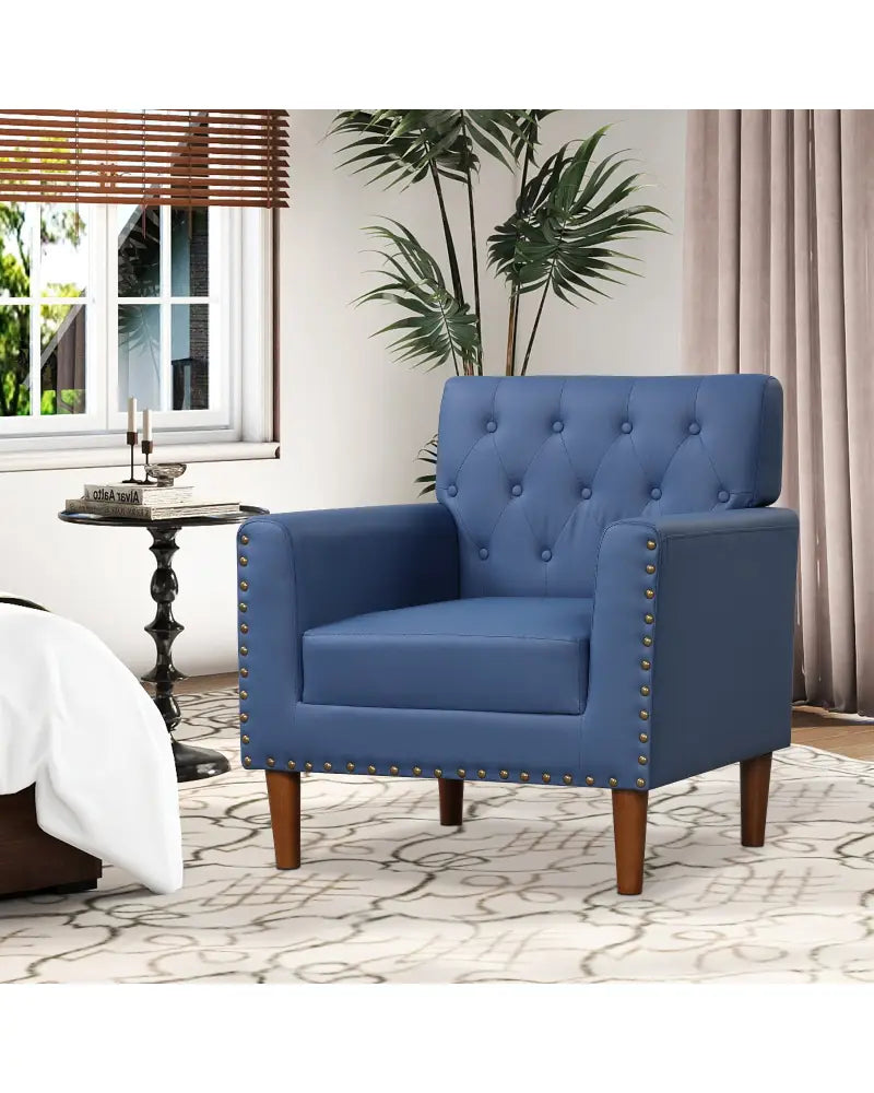 Mid Century Modern Accent Chair with Button Tufted Decoration and Rivets-Blue - Blue - Accent Chairs
