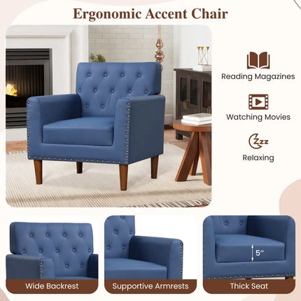 Mid Century Modern Accent Chair with Button Tufted Decoration and Rivets-Blue - Blue - Accent Chairs
