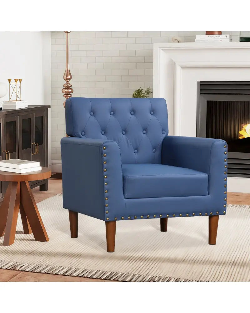 Mid Century Modern Accent Chair with Button Tufted Decoration and Rivets-Blue - Blue - Accent Chairs