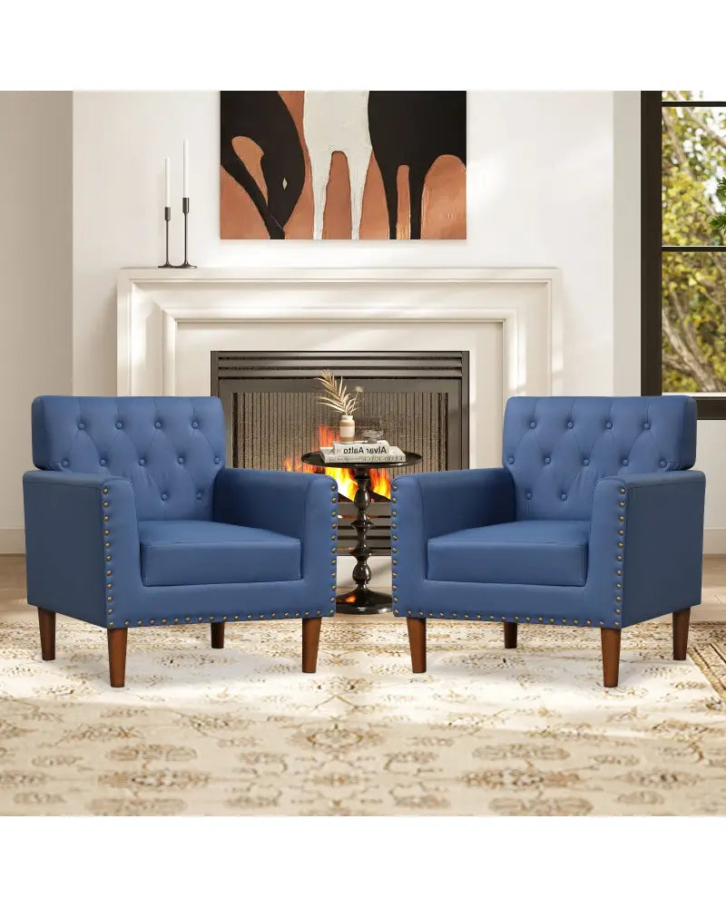 Mid Century Modern Accent Chair with Button Tufted Decoration and Rivets-Blue - Blue - Accent Chairs