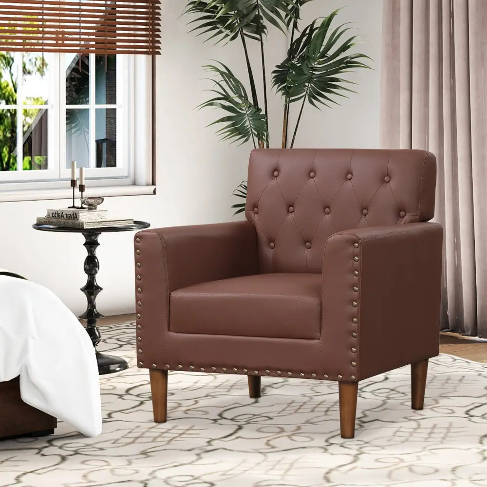 Mid Century Modern Accent Chair with Button Tufted Decoration and Rivets-Brown - Brown - Accent Chairs