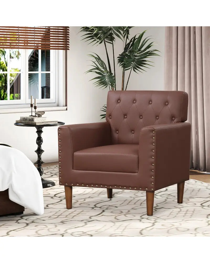 Mid Century Modern Accent Chair with Button Tufted Decoration and Rivets-Brown - Brown - Accent Chairs