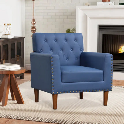 Mid Century Modern Accent Chair with Button Tufted Decoration and Rivets-Blue - Blue - Accent Chairs