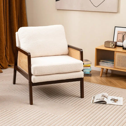 Mid Century Modern Accent Chair with Rattan Arms and Cushion-Brown - Brown - Accent Chairs