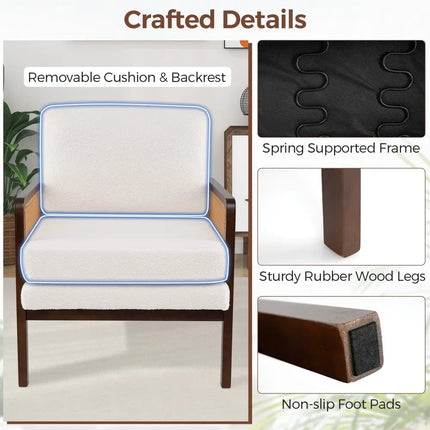 Mid Century Modern Accent Chair with Rattan Arms and Cushion-Brown - Brown - Accent Chairs