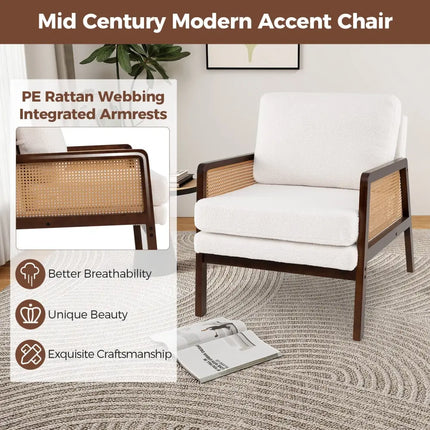 Mid Century Modern Accent Chair with Rattan Arms and Cushion-Brown - Brown - Accent Chairs