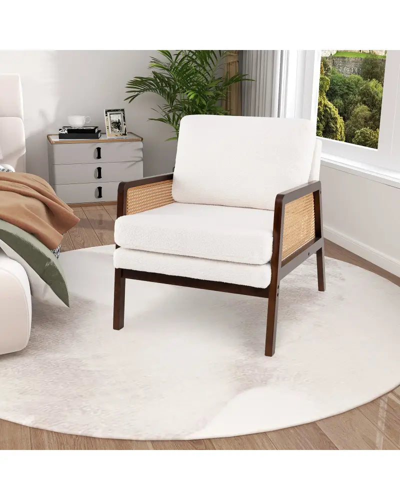 Mid Century Modern Accent Chair with Rattan Arms and Cushion-Brown - Brown - Accent Chairs