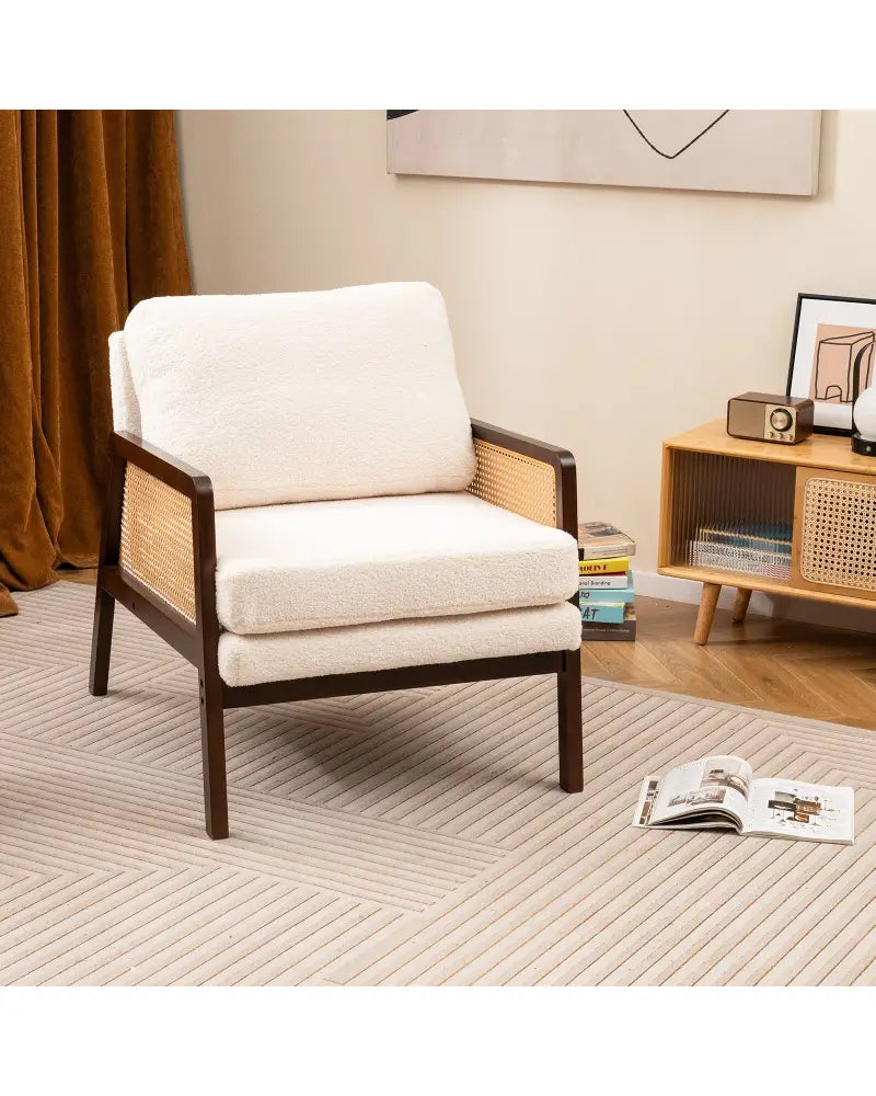 Mid Century Modern Accent Chair with Rattan Arms and Cushion-Brown - Brown - Accent Chairs