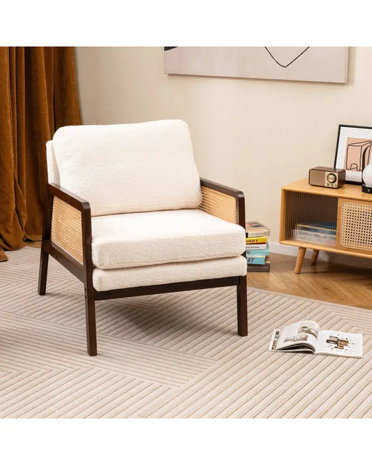 Mid Century Modern Accent Chair with Rattan Arms and Cushion-Brown - Brown - Accent Chairs