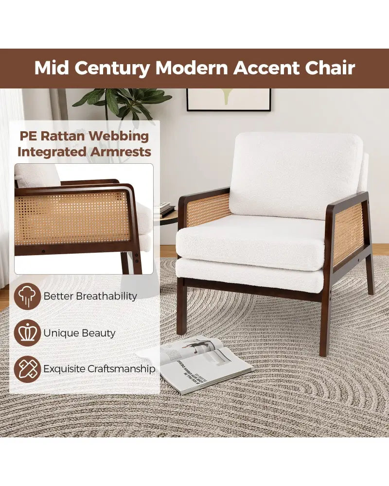 Mid Century Modern Accent Chair with Rattan Arms and Cushion-Brown - Brown - Accent Chairs