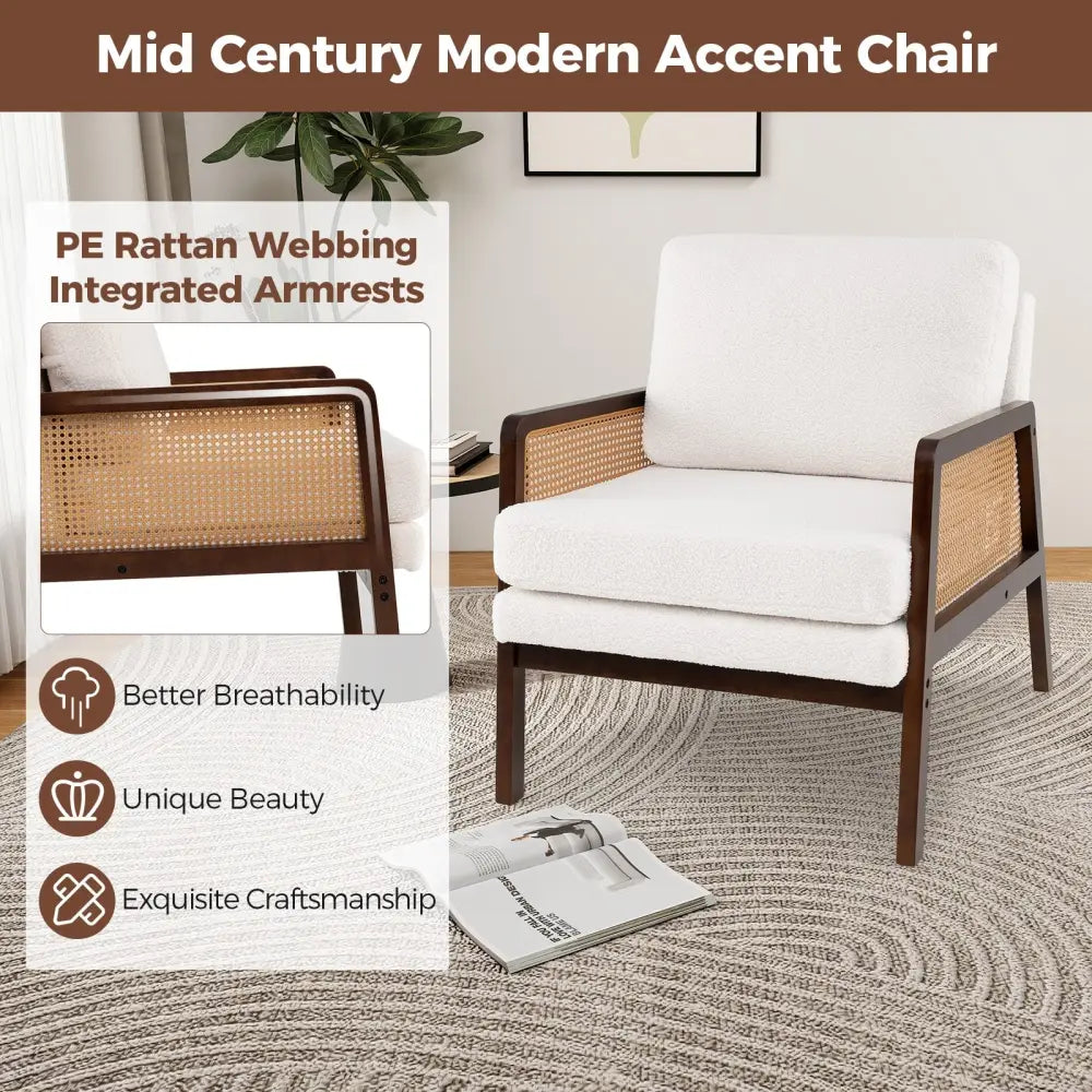 Mid Century Modern Accent Chair with Rattan Arms and Cushion-Brown - Brown - Accent Chairs