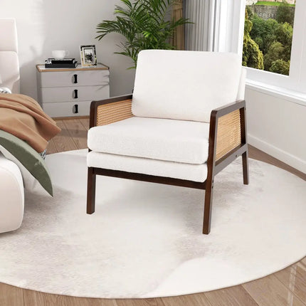 Mid Century Modern Accent Chair with Rattan Arms and Cushion-Brown - Brown - Accent Chairs