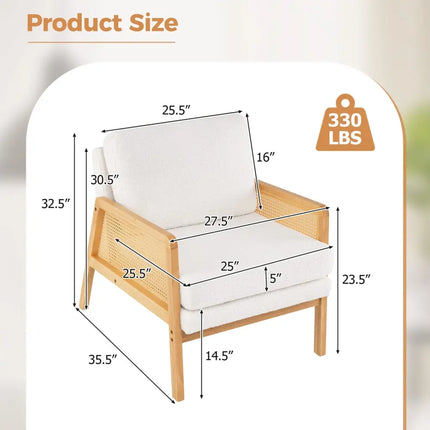 Mid Century Modern Accent Chair with Rattan Arms and Cushion-Natural - Natural - Accent Chairs