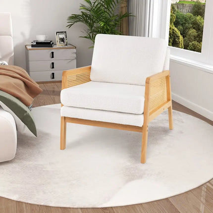 Mid Century Modern Accent Chair with Rattan Arms and Cushion-Natural - Natural - Accent Chairs