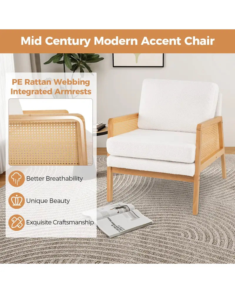 Mid Century Modern Accent Chair with Rattan Arms and Cushion-Natural - Natural - Accent Chairs