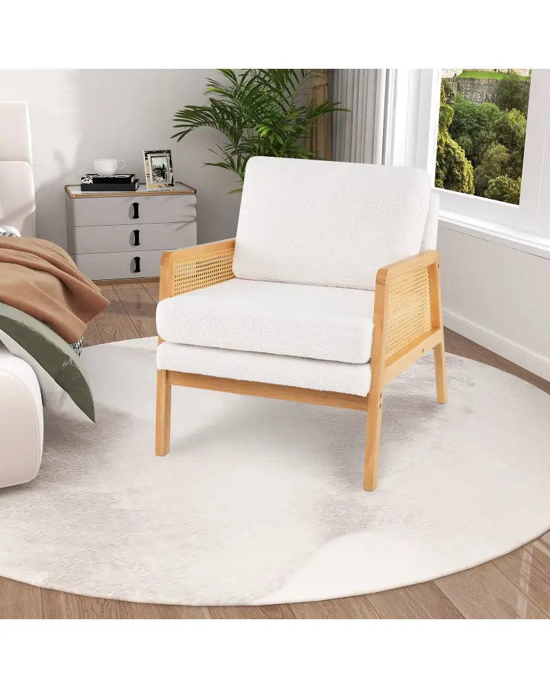 Mid Century Modern Accent Chair with Rattan Arms and Cushion-Natural - Natural - Accent Chairs