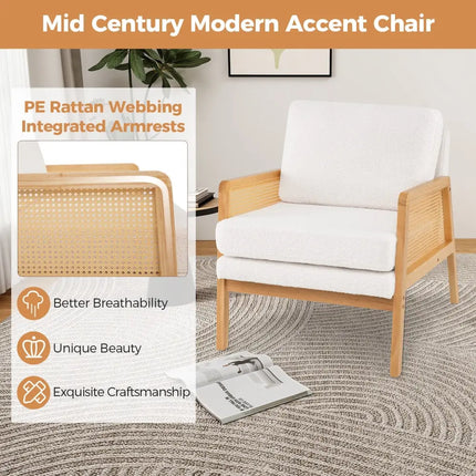 Mid Century Modern Accent Chair with Rattan Arms and Cushion-Natural - Natural - Accent Chairs