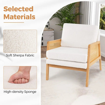 Mid Century Modern Accent Chair with Rattan Arms and Cushion-Natural - Natural - Accent Chairs