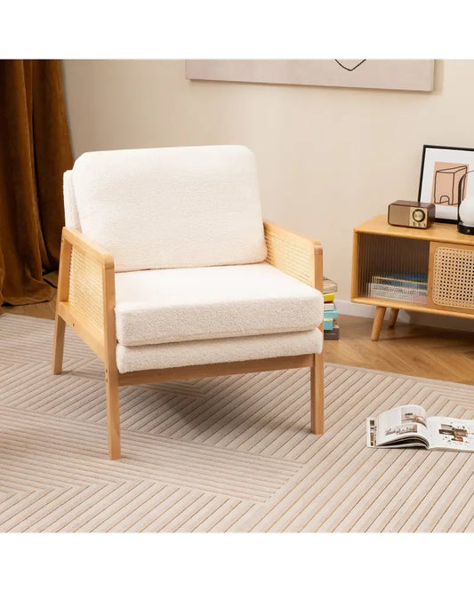 Mid Century Modern Accent Chair with Rattan Arms and Cushion-Natural - Natural - Accent Chairs