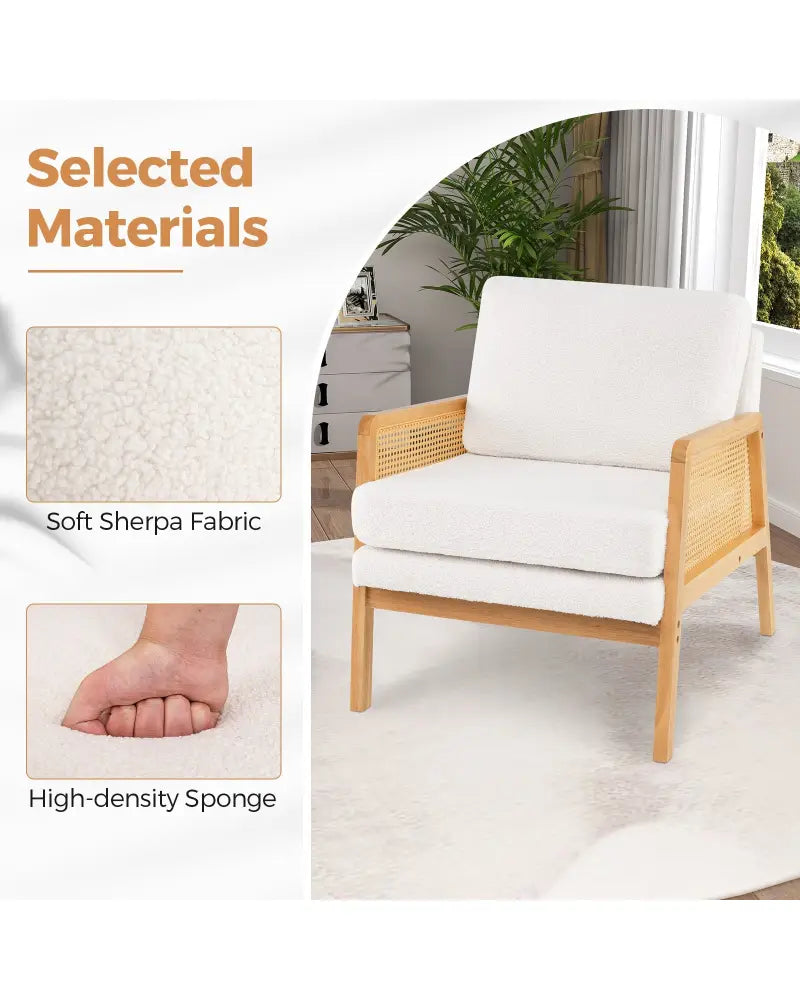 Mid Century Modern Accent Chair with Rattan Arms and Cushion-Natural - Natural - Accent Chairs